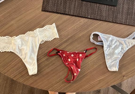 Me trying on SIL panties.  Size S thongs. Feel great