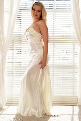 Mysatin Dolly: Long white satin dress.